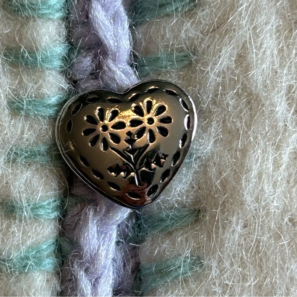 Susan Bristol Wool Cream Cardigan with Floral Accents and Silver Heart Buttons - Picture 3 of 14